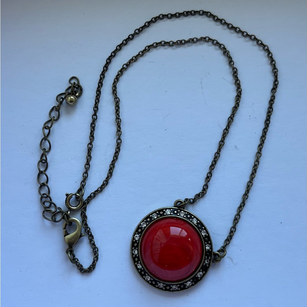 New Necklace Burnished Copper Tone Chain & Burnt Orange Pendant with Rhinestones